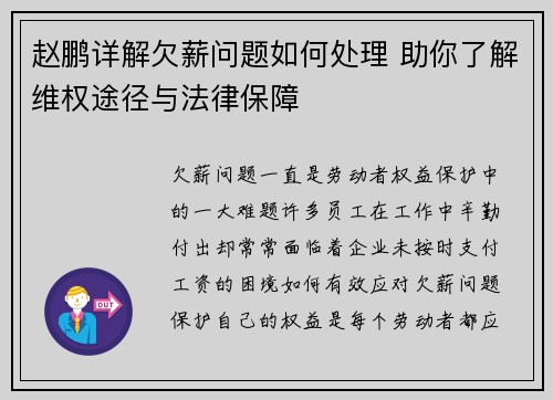 赵鹏详解欠薪问题如何处理 助你了解维权途径与法律保障