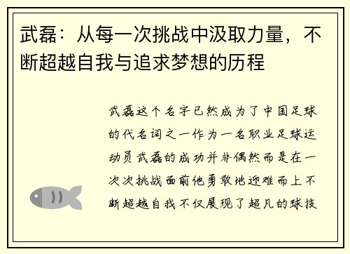 武磊：从每一次挑战中汲取力量，不断超越自我与追求梦想的历程