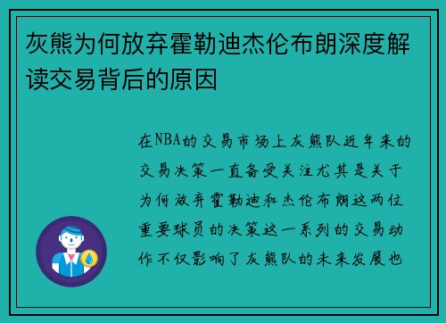 灰熊为何放弃霍勒迪杰伦布朗深度解读交易背后的原因